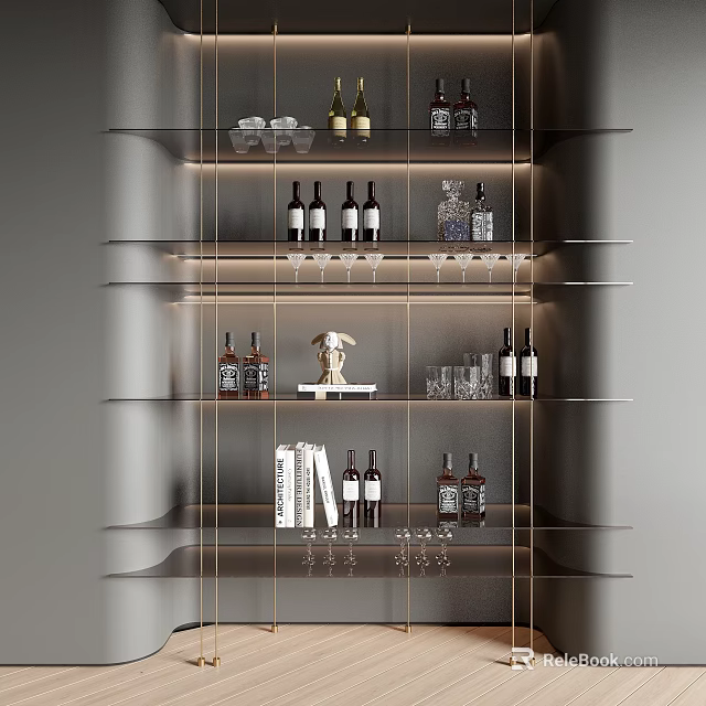Sleek Modern Wine Cabinet With Glass Shelves Wine Bottles And Wine Glasses 3d model 