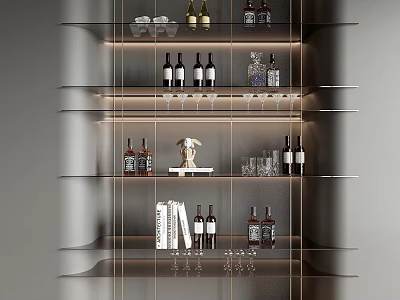 Sleek Modern Wine Cabinet With Glass Shelves Wine Bottles And Wine Glasses 3d model