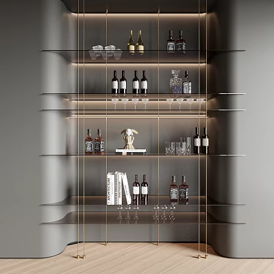 Sleek Modern Wine Cabinet With Glass Shelves Wine Bottles And Wine Glasses 3d model