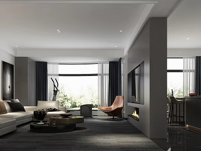 Elegant Minimalist Open Living And Dining Design With Built In Fireplace And Large Windows 3d model