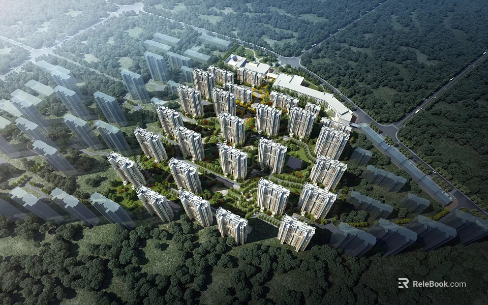 Aerial Planning Of Residential Community With High Rise Buildings 3d model 