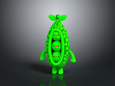 Cute Green Cartoon Pea Pod Character With Three Little Peas Round Dots And Leafy Top 3d model