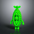 Cute Green Cartoon Pea Pod Character With Three Little Peas Round Dots And Leafy Top