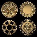 Golden Decorative Circular Embossed Discs With Floral Patterns And Intricate Designs 3d model