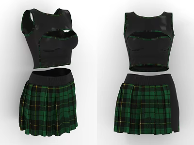 Stylish Two Piece Black Sleeveless Crop Top Green Plaid Skirt Outfit 3d model