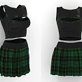Stylish Two Piece Black Sleeveless Crop Top Green Plaid Skirt Outfit