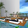 Luxury Resort Pool Area With Tall Buildings Palm Trees And Sun Loungers