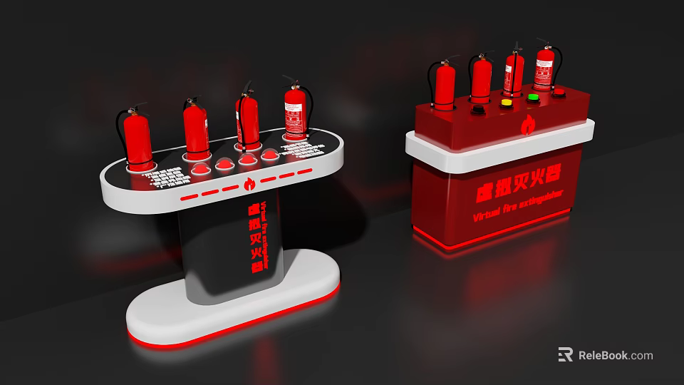Virtual Fire Extinguisher Training Device With Red Models On Display Stands 3d model