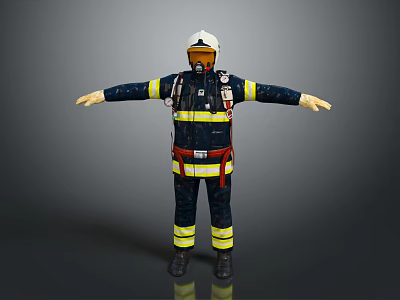 Firefighter Protective Uniform Dark Blue With Yellow Reflective Stripes White Helmet Breathing Apparatus And Boots 3d model
