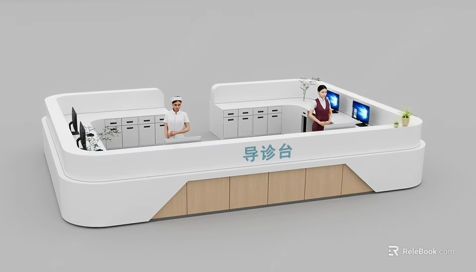 Modern Reception Desk Interior With Staff Workstation Computer File Cabinets And Plant 3d model 