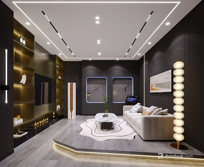 Modern Luxury Living Room With Sofa Coffee Table Floor Lamp TV Bookshelf And Rug 3d model 