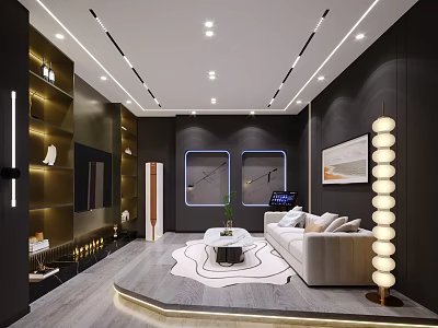 Modern Luxury Living Room With Sofa Coffee Table Floor Lamp TV Bookshelf And Rug 3d model