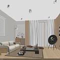 Modern Living Dining Room Interior With Beige Sofa Wooden Elements And Round Mirror