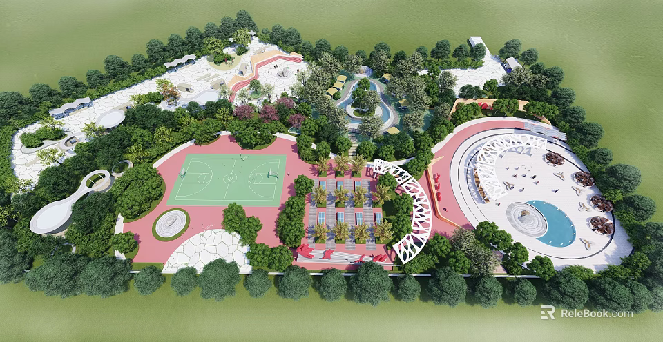 Lush Green Park Landscape With Basketball Court Amphitheater Water Pools And Walking Paths 3d model 