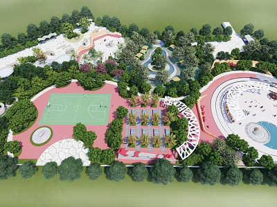 Lush Green Park Landscape With Basketball Court Amphitheater Water Pools And Walking Paths 3d model