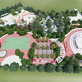 Lush Green Park Landscape With Basketball Court Amphitheater Water Pools And Walking Paths
