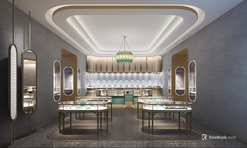 Elegant Modern Jewelry Store Interior With Glass Display Cases And Chandelier 3d model 