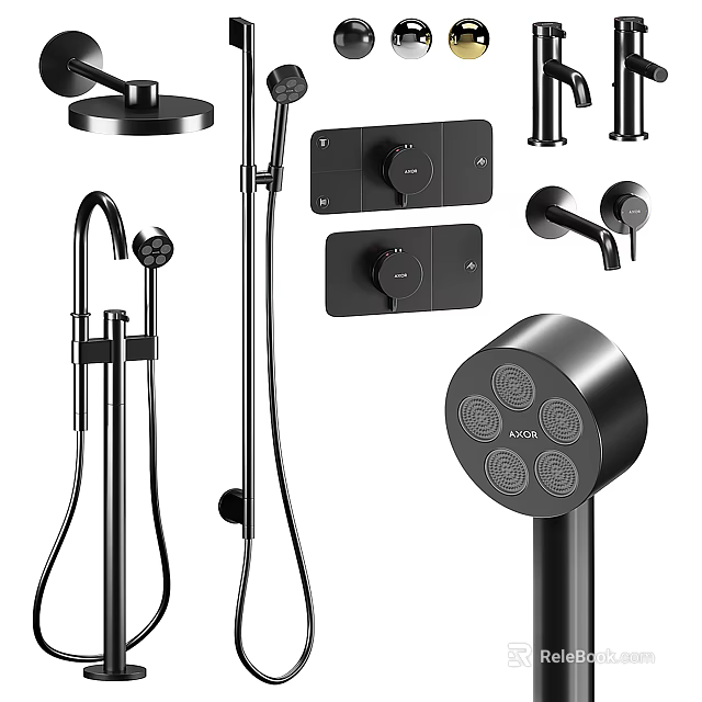 Modern Matte Black Shower System With Handheld Sprayer Fixed Head And Control Knobs 3d model 