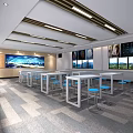 Modern Public Lounge Interior With White Tables Blue Stools Large Windows And Geometric Carpet