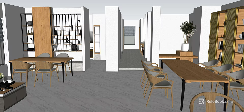 Public Office Space With Wooden Tables Chairs Open Layout Dividers And Green Plant 3d model 