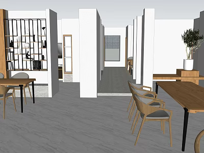 Public Office Space With Wooden Tables Chairs Open Layout Dividers And Green Plant 3d model