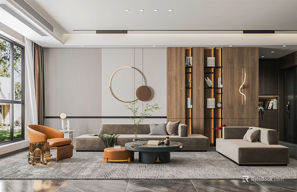 Modern Living Room Interior With Gray Sofa Orange Chair Round Wall Art And Wooden Bookshelf 3d model 