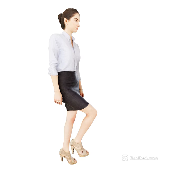A woman wearing white shirt and black leather skirt standing sideways in beige high heels 3d model 