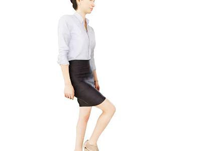 A woman wearing white shirt and black leather skirt standing sideways in beige high heels 3d model