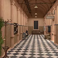 Vintage Corridor Pendant Light Combination With Arched Ceiling And Checkered Floor Decor