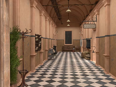 Vintage Corridor Pendant Light Combination With Arched Ceiling And Checkered Floor Decor 3d model