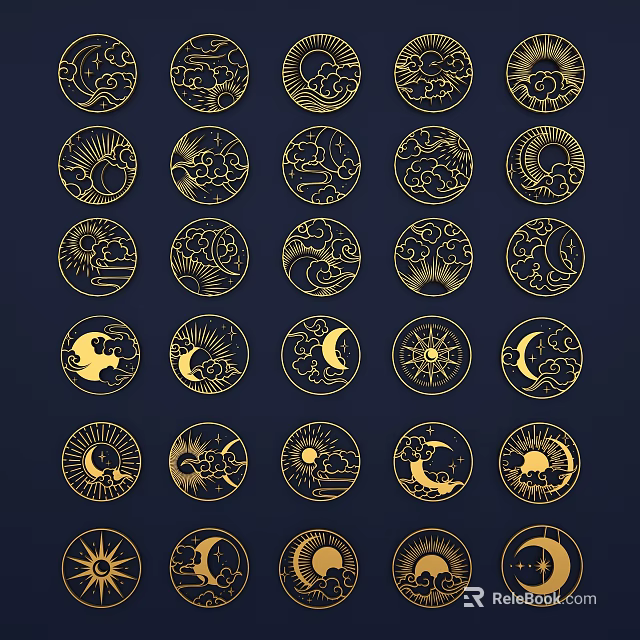 Golden Circular Carvings With Sun Moon And Cloud Patterns On Dark Blue Background 3d model 