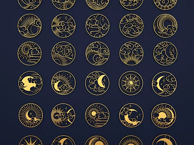 Golden Circular Carvings With Sun Moon And Cloud Patterns On Dark Blue Background 3d model