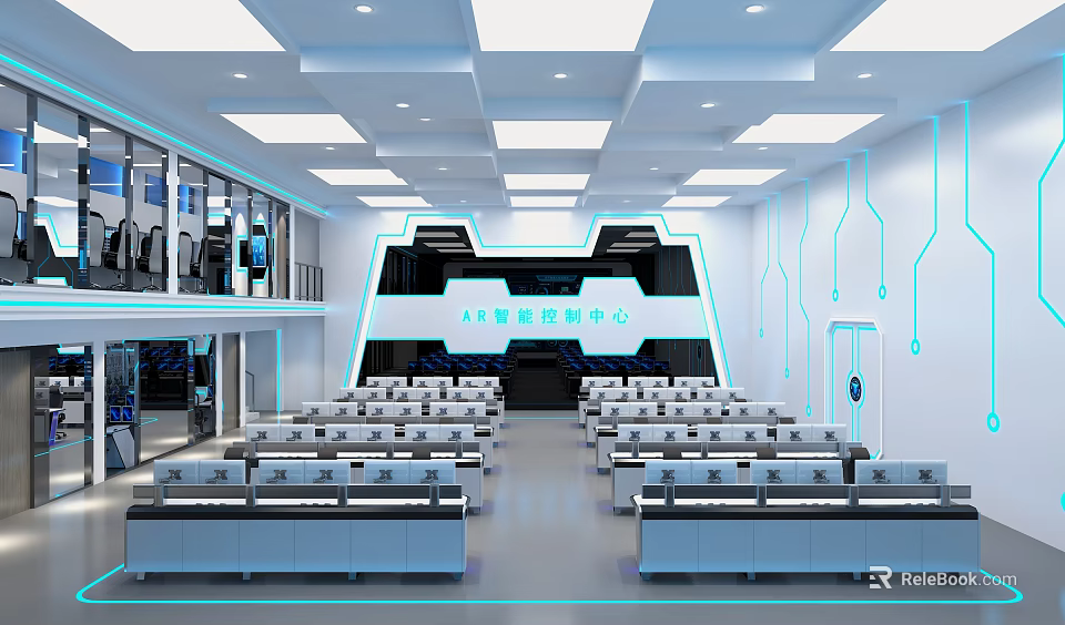 Modern Monitoring Room Interior With Control Consoles Digital Screens And Advanced Equipment 3d model 