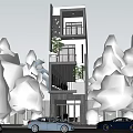Modern Detached House Exterior with Balconies Greenery Trees and Blue Car