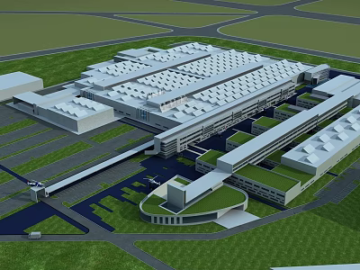 Modern Large Industrial Factory Complex With Flat Roofs Roads And Green Landscaping 3d model