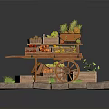 Wooden Fruit Cart Loaded with Fresh Fruits Vegetables and Green Plants on Stone Slab