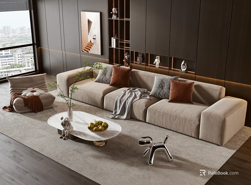 Beige Sofa And Coffee Table Set With Throw Pillows Fruits Vase Dog Decor On Rug 3d model 