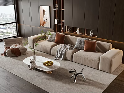 Beige Sofa And Coffee Table Set With Throw Pillows Fruits Vase Dog Decor On Rug 3d model