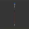 Enchanted Magic Staff With Blue Glowing Crystal Top And Brown Wooden Body