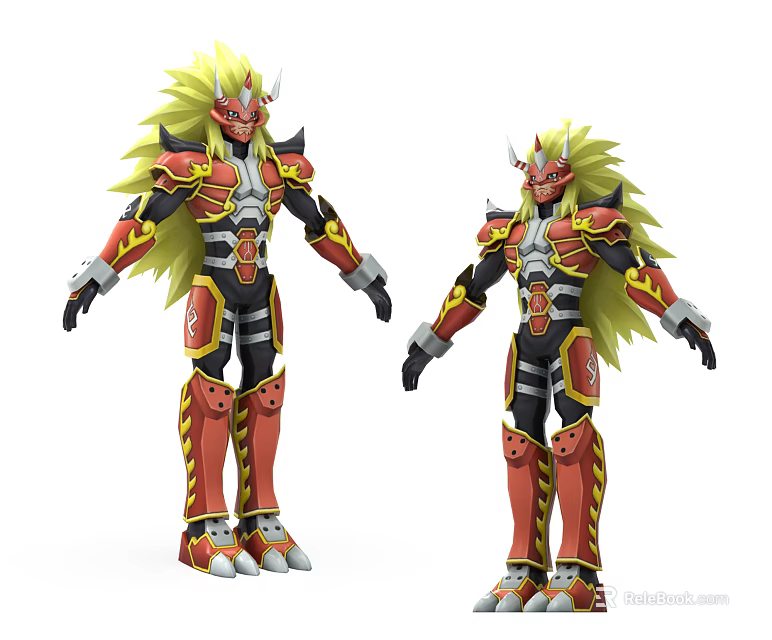 Two Red And Yellow Armored Humanoid Creatures With Spiked Mane Horns And Mechanical Details 3d model 