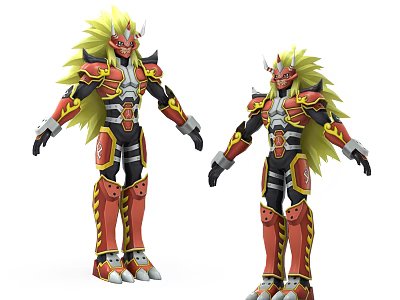 Two Red And Yellow Armored Humanoid Creatures With Spiked Mane Horns And Mechanical Details 3d model