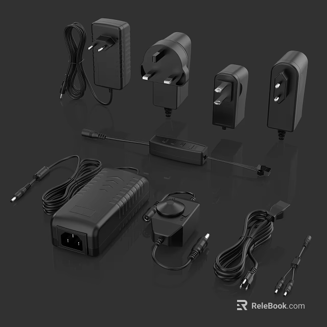 Electronic Power Adapters And Chargers With Various Plugs And Cords 3d model 