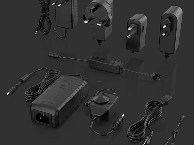 Electronic Power Adapters And Chargers With Various Plugs And Cords 3d model