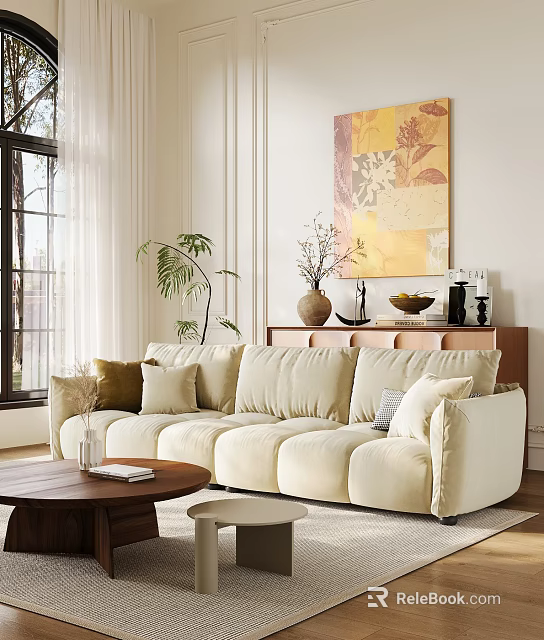 Modern Beige Velvet Sectional Sofa With Throw Pillows Wooden Coffee Table And Potted Plant 3d model 