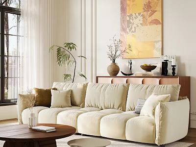 Modern Beige Velvet Sectional Sofa With Throw Pillows Wooden Coffee Table And Potted Plant 3d model