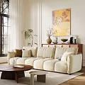 Modern Beige Velvet Sectional Sofa With Throw Pillows Wooden Coffee Table And Potted Plant