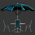 Outdoor Round Table Set With Blue Striped Umbrella And Metal Chairs