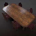Oval Wooden Dining Table Set with Six Chairs Featuring Plaid Fabric Backrests and Seats