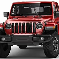 Red Jeep Pickup Truck with Off Road Tires and Open Cargo Bed