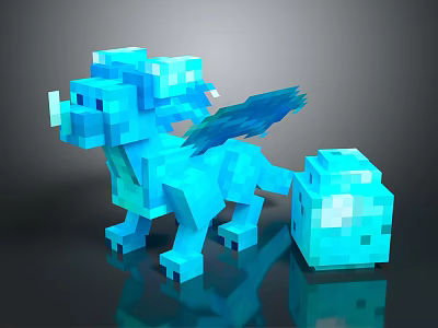 Blue Pixelated Dragon Figure With Wings And Adjacent Chest Block 3d model